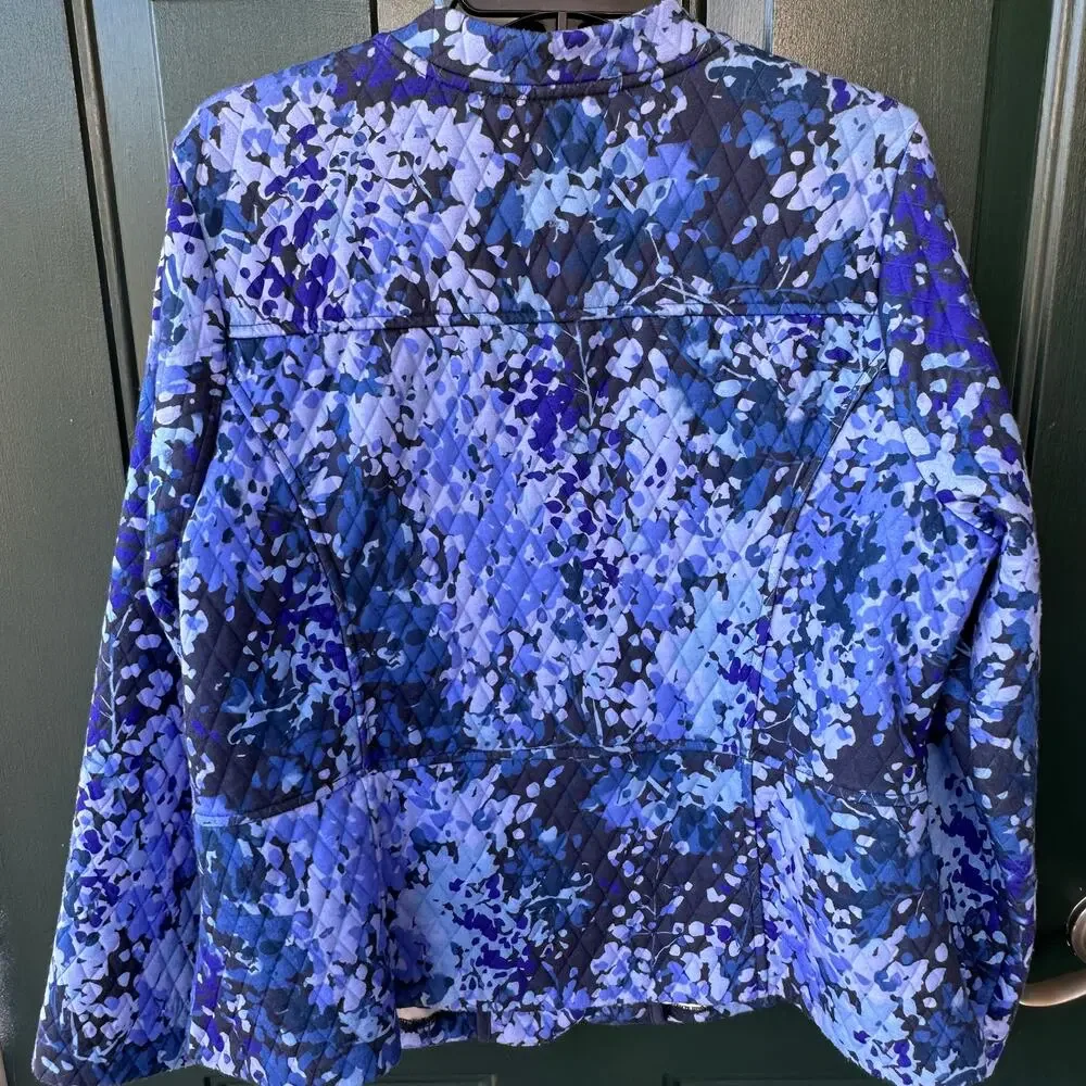 Isaac Mizrahi QVC Quilted Snap Jacket L Blue Floral Print Lightweight Fall Layer